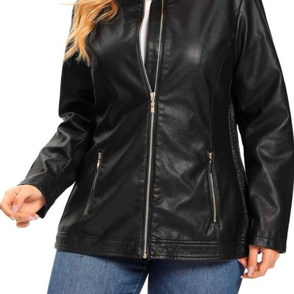 SPYM Womens Medium Faux Leather Jacket, Casual Fashion Zip Up Round Collar Coat - Picture 9 of 9